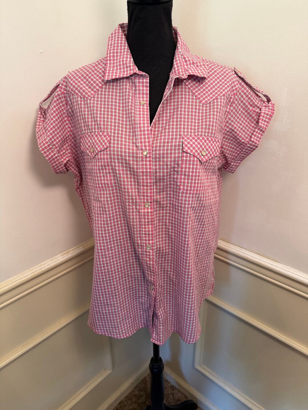 Vintage Wrangler Pink Gingham Pearl Snap Western Top - Short Sleeve Cowgirl Boho